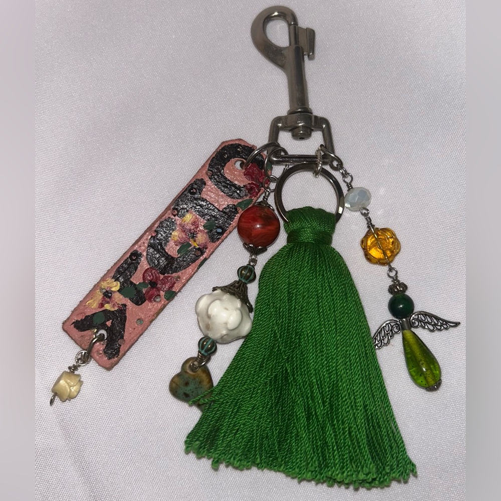 Green Tassel Key Holder with Charms